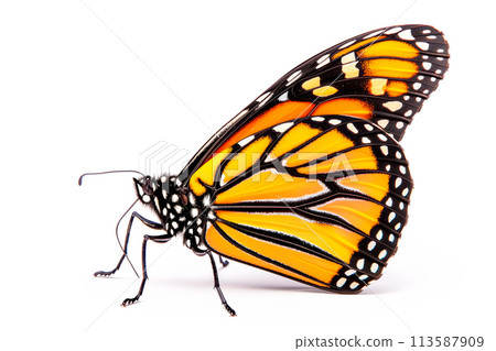 Beautiful Monarch butterfly isolated on a white background. Side view 113587909
