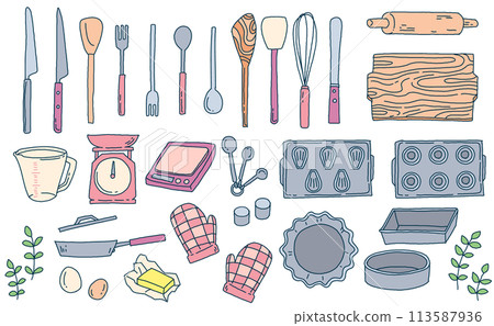Kitchen utensils hand drawn illustration set 113587936