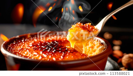 A classic Creme brulee, served in a ramekin, with a spoon breaking through the caramelized surface of the dessert. 113588021
