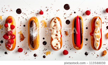 Different types of eclairs topped with nuts, berries and chocolate on a white background 113588030