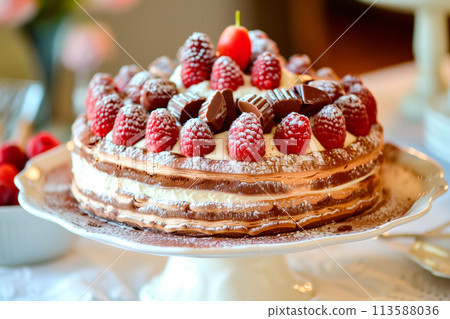 French dessert Mille Feuille with custard cream and strawberries on ceramic plate, powdered with sugar 113588036