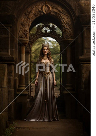 Queen in vintage gown standing in archway 113588040