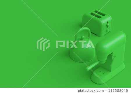 Espresso coffee machine with horn, kettle and geyser coffee maker on monochrome 113588046