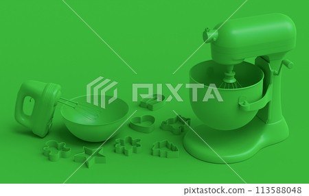 Mixer and cookie cutters with kitchen utensil for making cookies on monochrome 113588048