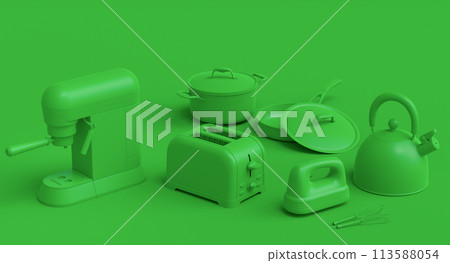 Electric kitchen appliances and utensils for making culinary on green monochrome 113588054