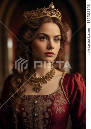 Majestic queen in red dress with gold accents 113588198