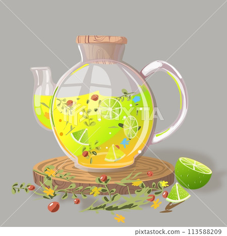 Beautiful refreshing yellow berry lemon tea in a clear teapot with cork. Vector illustration banner glass vessel with bright tea with berries, blueberry leaves. Transparent teapot on a wooden tray Beautiful refreshing yellow berry lemon tea in a clear teapot with cork. Vector illustration banner glass vessel with bright tea with berries, blueberry leaves. Transparent teapot on a wooden tray 113588209