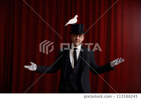 Excited man magician performing trick with beautiful white dove bird 113588245