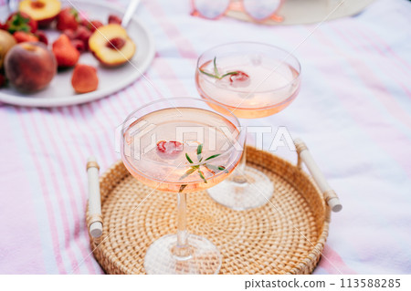 Pink drinks, cocktail with ice, raspberry, rosemary. Two glasses with martini, champagne, cider, lemonade on the blanket with fruit plate, picnic basket, Cozy summer picnic on nature. Selective focus. Pink drinks, cocktail with ice, raspberry, rosemary. Two glasses with martini, champagne, cider, lemonade on the blanket with fruit plate, picnic basket, Cozy summer picnic on nature. Selective focus. 113588285