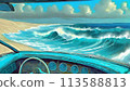 View of scenic ocean waves, clouds and blue sky and the beach, looking through a vintage car windshield past rear view mirror. Concept of vacaton travel and peace at the sea shore. AI illustration 113588813