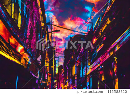 Surreal Urban Dreamscape: A Vividly Colored Apocalyptic Vision of City Life. 113588820