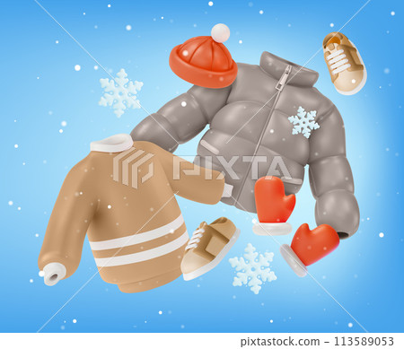 3d Winter Seasonal Clothing Collection Concept Background Cartoon Style. Vector illustration of Floating Hat, Sweater, Down Jacket and Mittens. 113589053