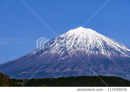 從靜岡縣富士宮市看到的剩餘雪季的富士山 113589056