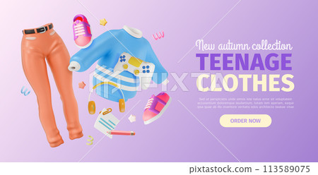 3d New Autumn Teenage Clothing Collection Ads Banner Concept Poster Card. Vector illustration of Floating Sweater, Jeans and Shoes Pair 113589075