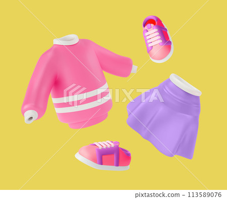 3d Girl Teenage Clothes Set Cartoon Design Style Include of Sweater, Pair Shoes and Skirt. Vector illustration 3d Girl Teenage Clothes Set Cartoon Design Style Include of Sweater, Pair Shoes and Skirt. Vector illustration 113589076