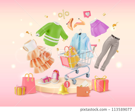3d Shopping Weekend Concept Background Cartoon Style. Vector illustration of Podium Scene with Floating Different Clothing 113589077