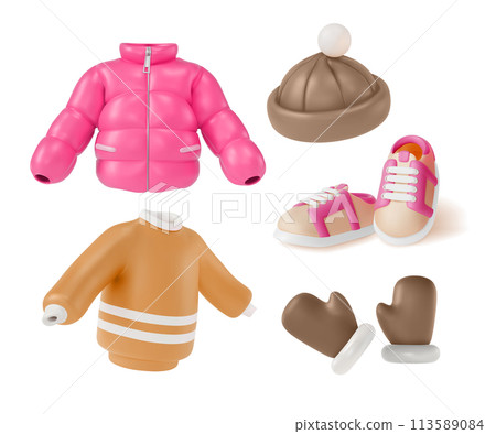 3d Winter Clothes Set Concept Cartoon Design Style Include of Pair Shoes, Hat, Knitted Sweater and Down Jacket. Vector illustration 113589084