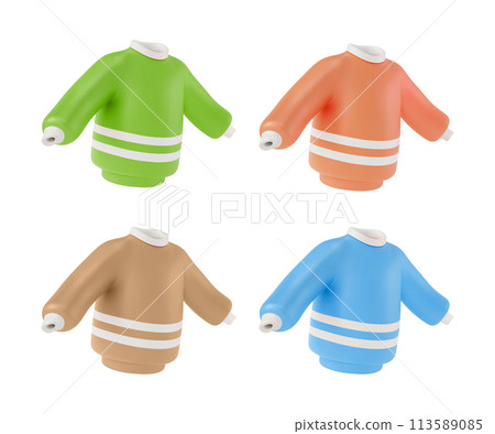 3d Different Color Knitted Woolen Warm Sweater Set Cartoon Design Style Autumn or Winter Trendy Fashion Casual Clothes. Vector illustration 3d Different Color Knitted Woolen Warm Sweater Set Cartoon Design Style Autumn or Winter Trendy Fashion Casual Clothes. Vector illustration 113589085