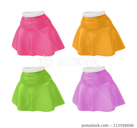 3d Different Color Skirt Set Cartoon Design Style Trendy Fashion Female Casual Clothes Isolated on a White Background. Vector illustration 3d Different Color Skirt Set Cartoon Design Style Trendy Fashion Female Casual Clothes Isolated on a White Background. Vector illustration 113589086
