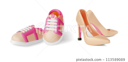 3d Bright Beige Heels and Sneakers Cartoon Design Style Women Shoes Concept Isolated on a White Background. Vector illustration 3d Bright Beige Heels and Sneakers Cartoon Design Style Women Shoes Concept Isolated on a White Background. Vector illustration 113589089