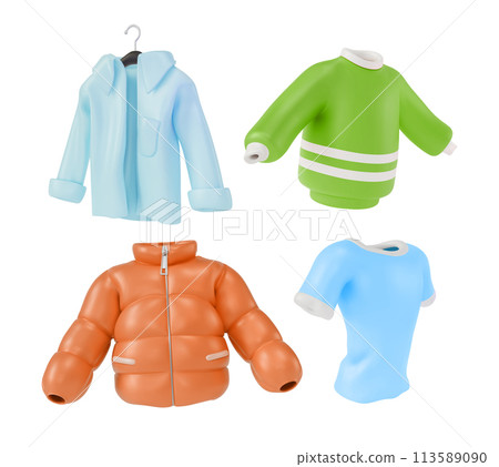 3d Different Male Clothes Set Cartoon Design Style Include of Down Jacket, Sweater and Shirt. Vector illustration 3d Different Male Clothes Set Cartoon Design Style Include of Down Jacket, Sweater and Shirt. Vector illustration 113589090