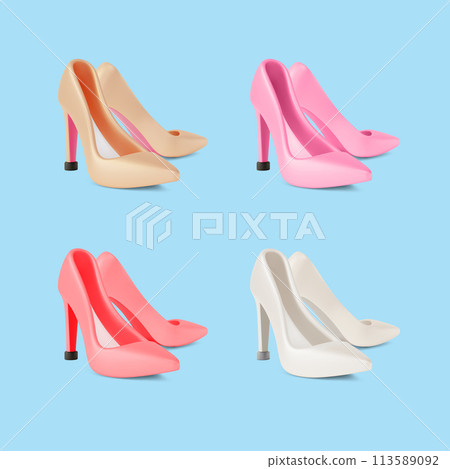 3d Bright Different Color Heels Cartoon Design Style Fashionable Women Shoes Concept. Vector illustration of Shoe Pair 113589092