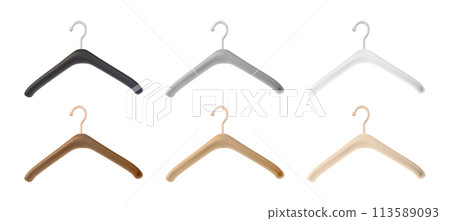 3d Different Color Hangers Set Cartoon Design Style Isolated on a White Background. Vector illustration of Hanger 113589093
