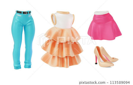 3d Different Female Clothes Set Cartoon Design Style Include of Jeans, Dress with Ruffles, Beige High Heels and Skirt. Vector illustration 113589094