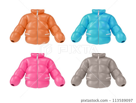 3d Different Color Down Jacket Set Cartoon Design Style Winter or Autumn Warm Clothes Concept. Vector illustration 113589097