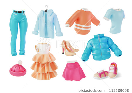 3d Different Clothing Concept Cartoon Design Style Include of Pair Shoes, Hat, Jeans Dress with Ruffles, Beige High Heels, Sweater and Down Jacket. Vector illustration 113589098