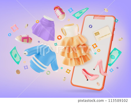 3d Mega Sale Clothing Online Store Concept Background Cartoon Design Style. Vector illustration of Floating Skirt, Dress with Ruffles, Sweater and Mobile Phone 113589102