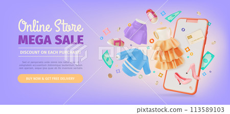 3d Mega Sale Clothing Online Store Ads Banner Concept Poster Card. Vector illustration of Floating Skirt, Dress with Ruffles, Sweater and Mobile Phone 113589103