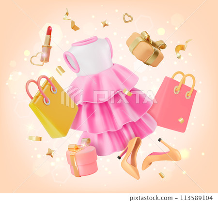 3d Mega Sale Clothing Store Concept Background Cartoon Design Style. Vector illustration of Floating Objects 113589104