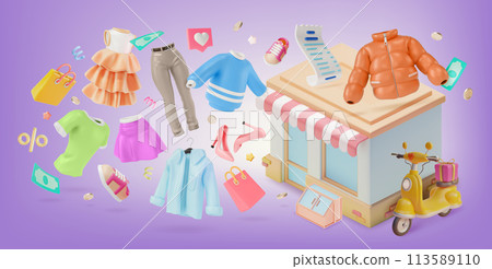 3d New Collection Autumn Clothing Store Concept Background Cartoon Design Style. Vector illustration of Floating Sweater, Jeans , Shoes and Jacket 113589110