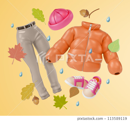 3d Autumn Women Clothing Collection Concept Background Cartoon Design Style Hat, Jeans and Down Jacket. Vector illustration of Floating Objects 3d Autumn Women Clothing Collection Concept Background Cartoon Design Style Hat, Jeans and Down Jacket. Vector illustration of Floating Objects 113589119