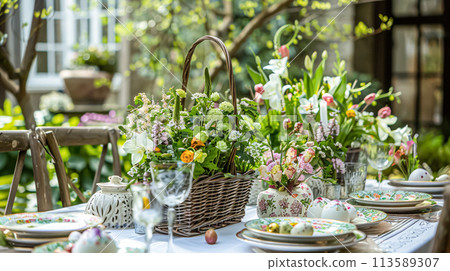 Easter table setting with painted eggs, spring flowers and crockery 113589307