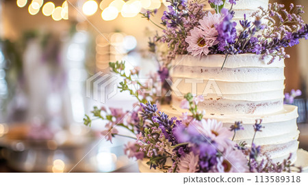 Wedding table decoration with lavender flowers, sweets and cake 113589318