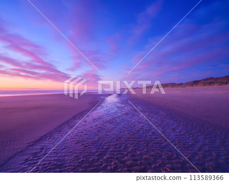 Seascape during sunrise. Bright clouds on the sky. Lines of sand on the seashore. Seascape during sunrise. Bright clouds on the sky. Lines of sand on the seashore. 113589366