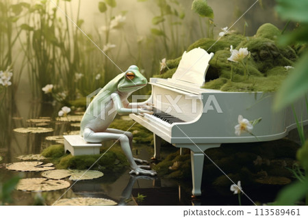 A frog is playing the piano while sitting on a bench beside the water 113589461
