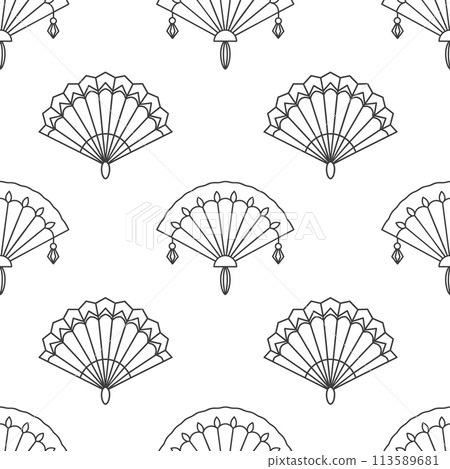 Seamless pattern of paper fans. Background from hand fan. Silhouettes of Chinese, Japanese paper folding fans, traditional Asian jewelry. Vector 113589681