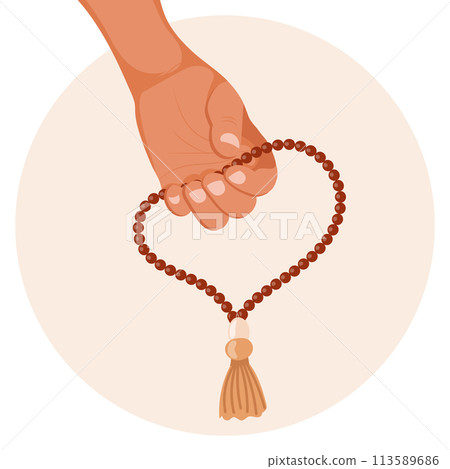 A hand holds a Muslim rosary on a white background. Illustration. Vector A hand holds a Muslim rosary on a white background. Illustration. Vector 113589686