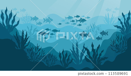 Underwater ocean landscape, algae and reefs, silhouette of a school of fish. Seabed background with ocean flora and fauna, corals, silhouettes of sea animals. Vector 113589691