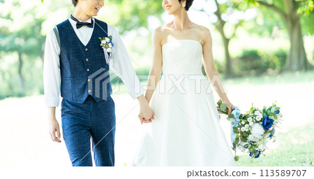 新娘和新郎手牽手散步 113589707