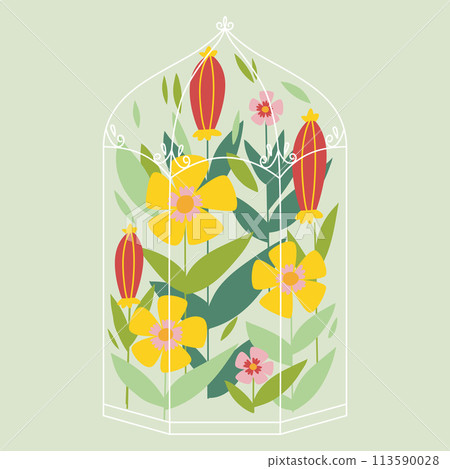 Illustration of a greenhouse with flowers and leaves. The concept of a backyard and gardening. The glass pavilion. Illustration of a greenhouse with flowers and leaves. The concept of a backyard and gardening. The glass pavilion. 113590028