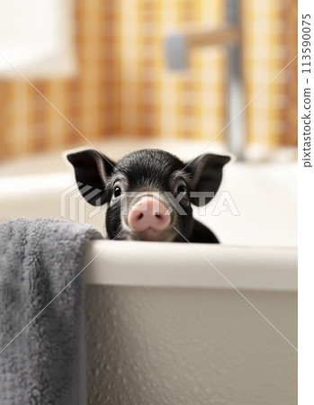 Cute Black Mini Pig, Piglet Taking a Bath With Foam, Looking Out of Bath tab. Taking Care Of Pet. Happy Animal. Vertical, Copy space Ai Generated 113590075