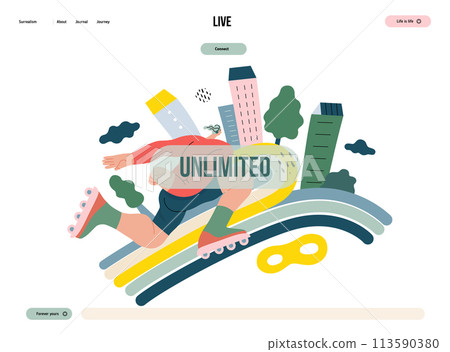 Life Unframed: Roller -modern flat vector concept illustration of a man rollerblading across rainbow. Metaphor of unpredictability, imagination, whimsy, cycle of existence, play, growth and discovery Life Unframed: Roller -modern flat vector concept illustration of a man rollerblading across rainbow. Metaphor of unpredictability, imagination, whimsy, cycle of existence, play, growth and discovery 113590380
