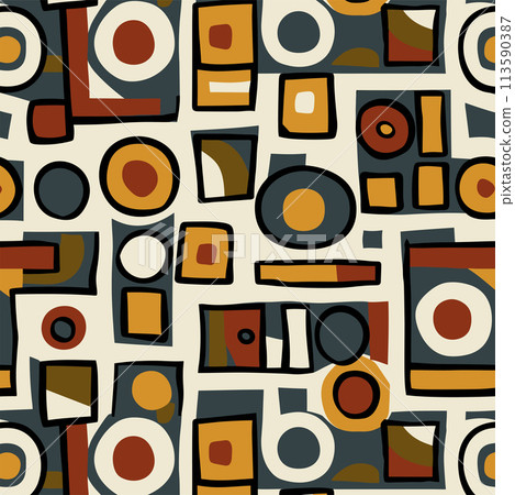 Abstract asymmetrical geometric vector pattern illustration, modern style with bold shapes and symbols, modernist design art 113590387