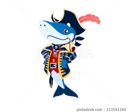 Cartoon shark animal captain or pirate corsair character with smoking pipe, vector funny sailor. Shark captain in pirate tricorne hat and sailor skull bandanna for kids Caribbean pirate character 113591160