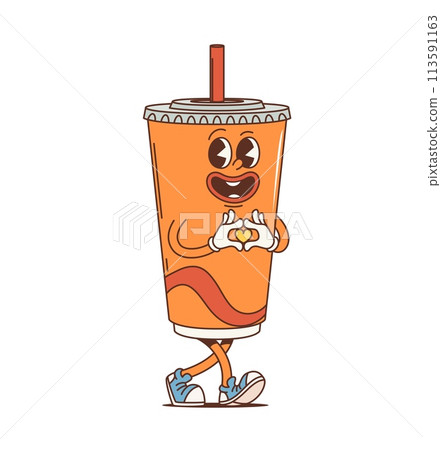 Cartoon retro soda drink groovy character or funky fast food beverage, vector comic personage. Happy groovy soda drink cup with love heart hand gesture, 70s hippie or hipster fast food character Cartoon retro soda drink groovy character or funky fast food beverage, vector comic personage. Happy groovy soda drink cup with love heart hand gesture, 70s hippie or hipster fast food character 113591163