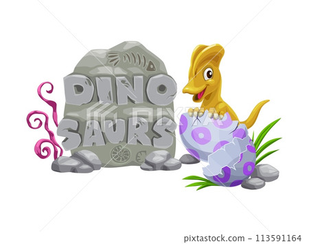 Cartoon dino kid with egg, funny dinosaur character. Isolated vector cute baby dino sitting in broken egg shell and text dinosaur on stone plate. Lovely newborn child dragon, jurassic era cute monster Cartoon dino kid with egg, funny dinosaur character. Isolated vector cute baby dino sitting in broken egg shell and text dinosaur on stone plate. Lovely newborn child dragon, jurassic era cute monster 113591164